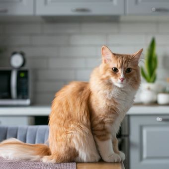 Ilustrasi kucing berada di meja dapur.