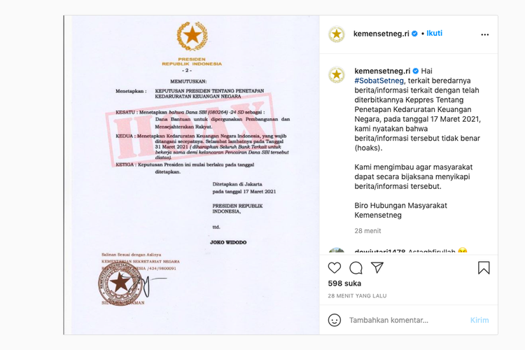 Beredar Keppres tentang Kedaruratan Keuangan Negara. Setneg pastikan itu hoaks