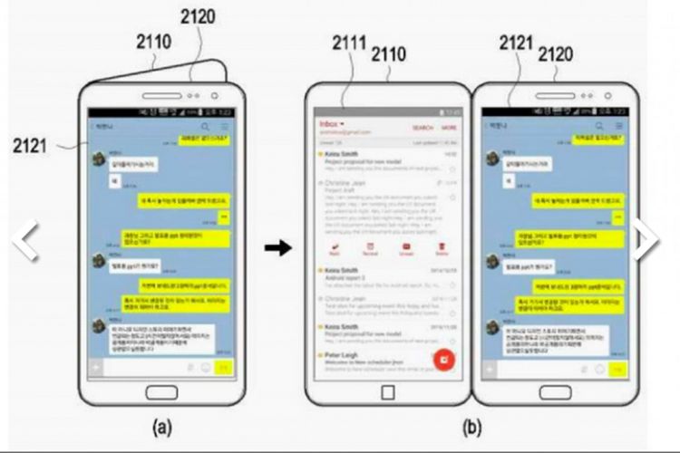 Bocoran tampilan layar Galaxy X saat menjalankan dua aplikasi berbeda di masing-masing layar lipatnya, sebagaiaman diperoleh dari dokumen paten Samsung. 