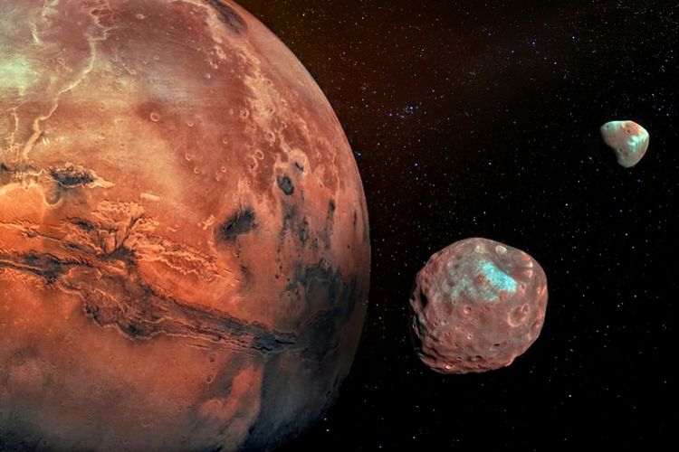 Ilustrasi planet Mars bersama dua bulannya, Phobos dan Deimos. Mars dijuluki sebagai planet merah. Warna kemerahan Mars disebabkan oleh oksidasi atau proses besi yang mengalami korosi atau berkarat.