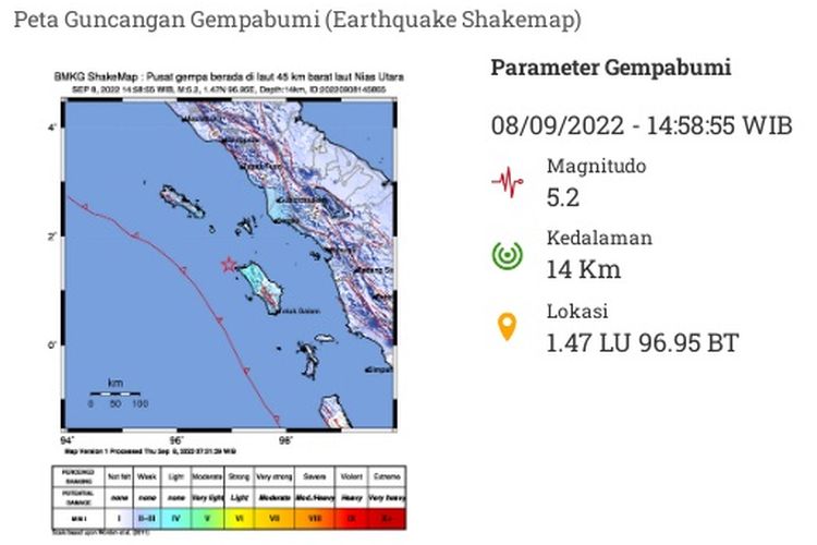 Pukul 14.58.55 WIB wilayah Nias Utara, Sumatera Utara diguncang gempa tektonik. Hasil analisis BMKG menunjukkan gempabumi ini memiliki parameter update dengan magnitudo 5,2.
