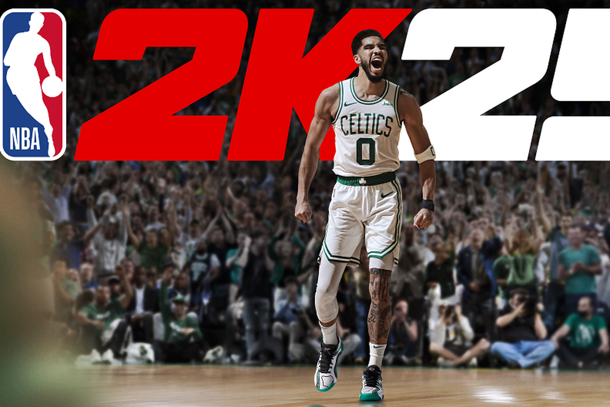 Poster NBA 2K25 menghadirkan atlet bola basket dari tim Boston Celtics, Jayson Tatum.