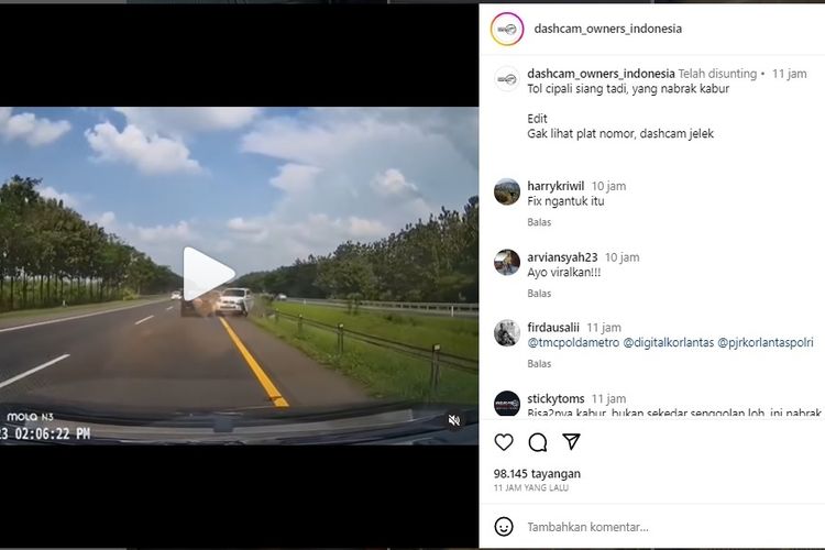 Jepretan layar dari Instagram @dashcam_owners_indonesia yang memperlihatkan kecelakaan Toyota Rush di Tol Cipali karena senggolan.