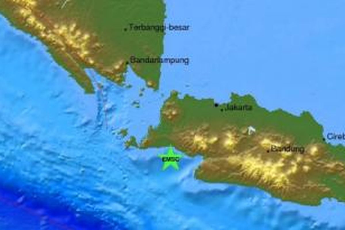 Peta ESMC menunjukkan pusat gempa 5,6 SR yang mengguncang Sabtu (28/11/2015) malam di tenggara Pandeglang.