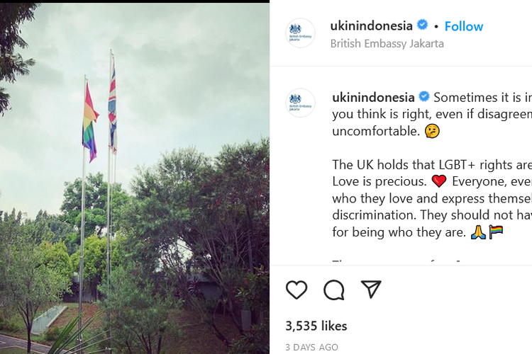 A screen grab of the rainbow LGBT flag was flown alongside the United Kingdom flag at the embassy in Jakarta on May 17, 2022 to mark the International Day Against Homophobia, Biphobia and Transphobia. 