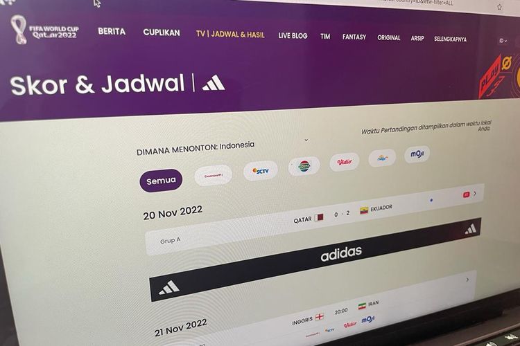 Tampilan website FIFA untuk cek jadwal dan hasil pertandingan Piala Dunia 2022.