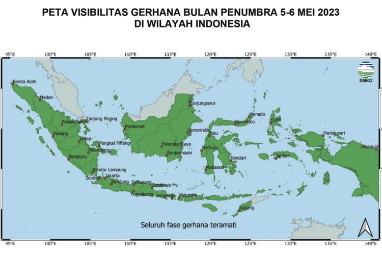 Peta Visibilitas Gerhana Bulan Penumbra 5-6 Mei 2023 di Wilayah Indonesia. Seluruh wilayah Indonesia dapat mengamati Gerhana Bulan Penumbra.