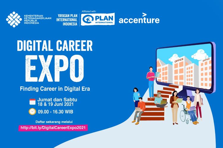 Poster Digital Career Expo 2021 yang digelar pada 18-19 Juni 2021. Acara ini merupakan kolaborasi antara Kemenaker dengan Plan Indonesia.