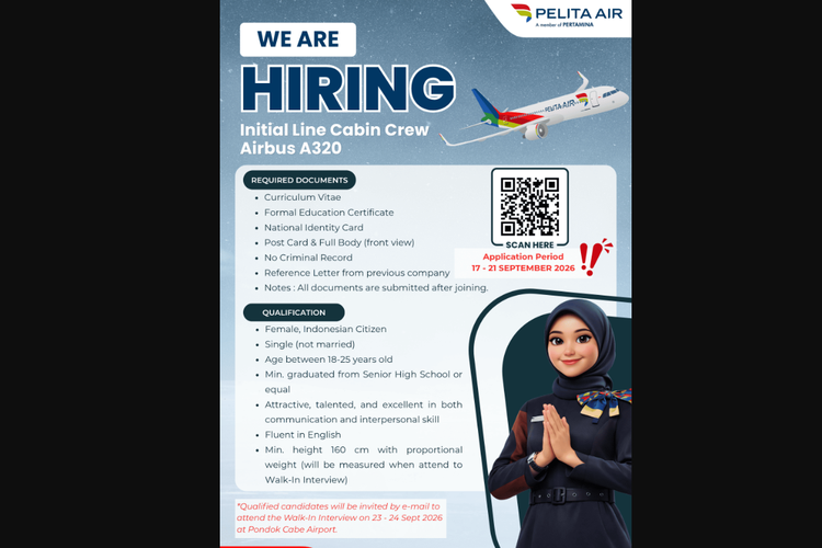 Pelita Air Buka Lowongan Kerja Cabin Crew, Cek Syarat dan Jadwalnya
