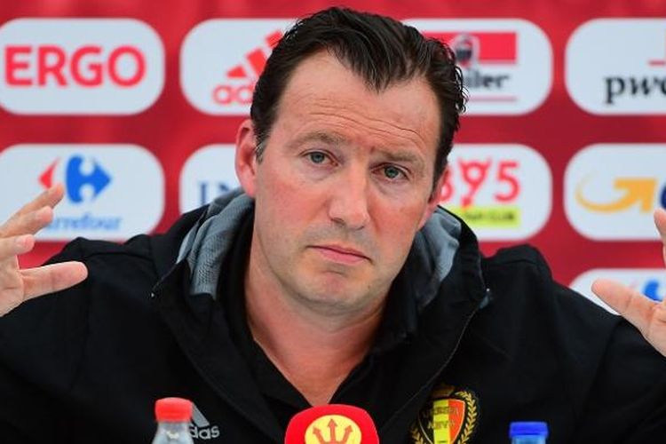 Pelatih Belgia, Marc Wilmots, menghadiri konferensi pers di Le Haillan, Perancis, pada Kamis (16/6/2016) waktu setempat.