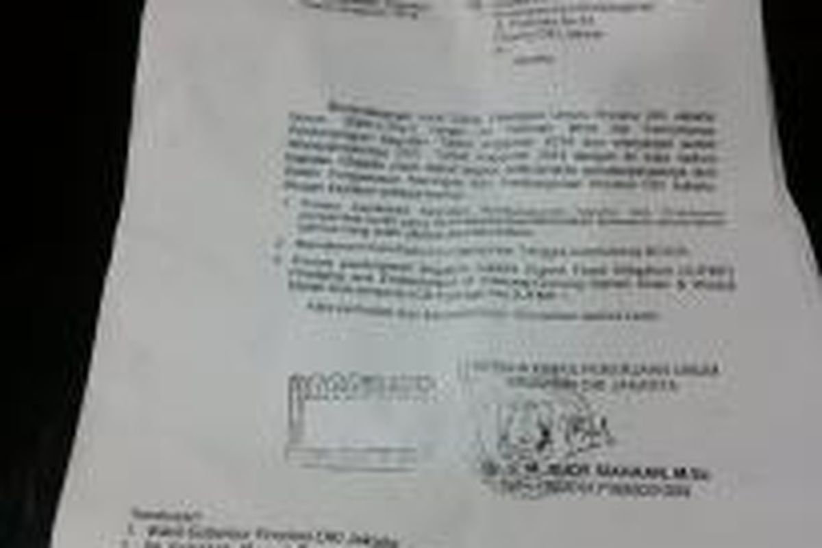 Surat rekomendasi Dinas Pekerjaan Umum DKI kepada Badan Pengawasan Keuangan dan Pembangunan (BPKP) DKI untuk program JEDI. Di dalam surat rekomendasi itu, tidak dicantumkan tembusan kepada Gubernur DKI Jakarta Joko Widodo.