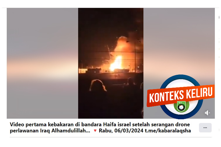 Tangkapan layar Facebook narasi yang menyebut bandar Haifa terbakar karena serangan drone Irak
