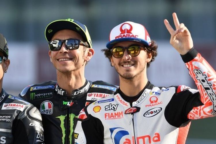 Tiga pebalap MotoGP, Franco Morbidelli, Valentino Rossi, dan Francesco Pecco Bagnaia