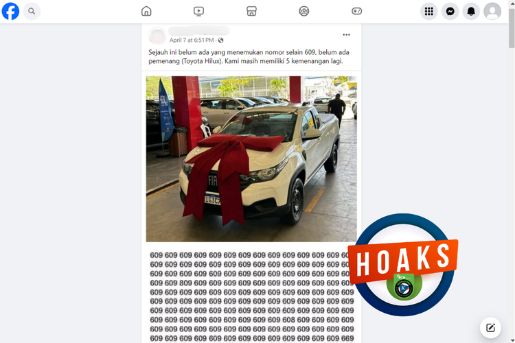 Tangkapan layar konten hoaks di sebuah akun Facebook berisi tebak angka di Facebook berhadiah mobil Toyota Hilux, Minggu (7/4/2024).