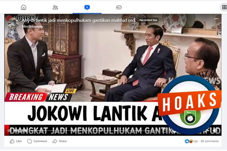 Tangkapan layar Facebook narasi yang menyebut Jokowi melantik AHY sebagai Menko Polhukam