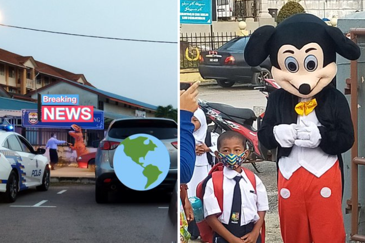 T-Rex dan Mickey Mouse, sambut siswa di pembukaan sekolah dalam masa pelonggaran pandemi di Malaysia
