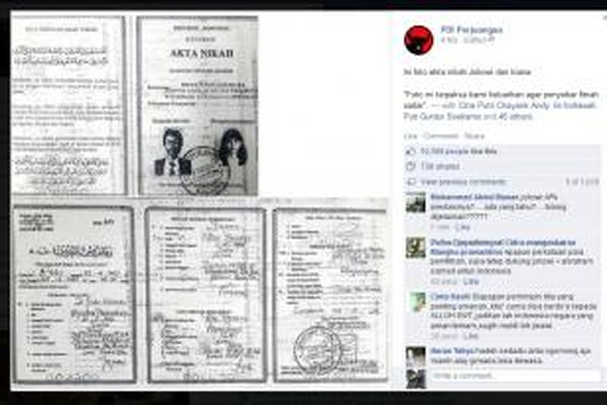 Foto kopi Akta nikah Joko Widodo dan Iriana di akun resmi PDI Perjuangan di Facebook.