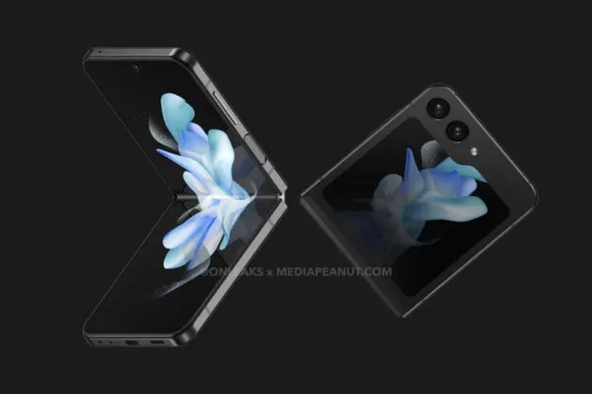 Bocoran hasil render ponsel lipat Samsung Galaxy Z Flip 5 yang diumbar oleh OnLeaks