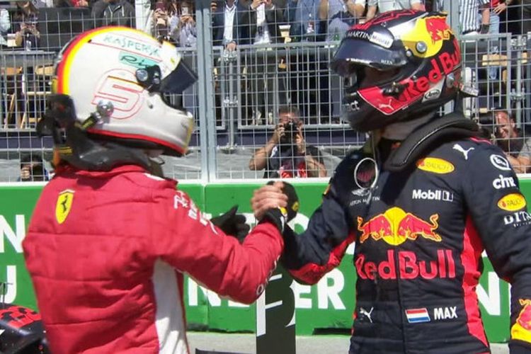 Sebastian Vettel dan Max Verstappen berjabat tangan usai sesi kualifikasi GP Canada, Minggu (10/6/2018).
