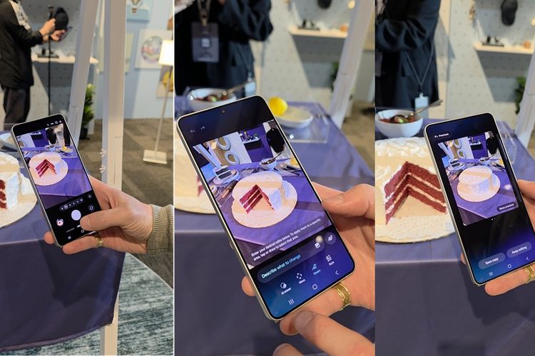 Ilustrasi penggunaan fitur Photo Assist di Samsung Galaxy S26 series untuk mengembalikan foto kue yang sudah terpotong menjadi utuh lagi, dengan menggunakan perintah teks