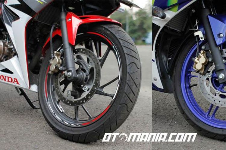 Kaki depan Yamaha R15 dan CBR 150. Rem cakram jadi perangkat standar pengerema kedua motor ini