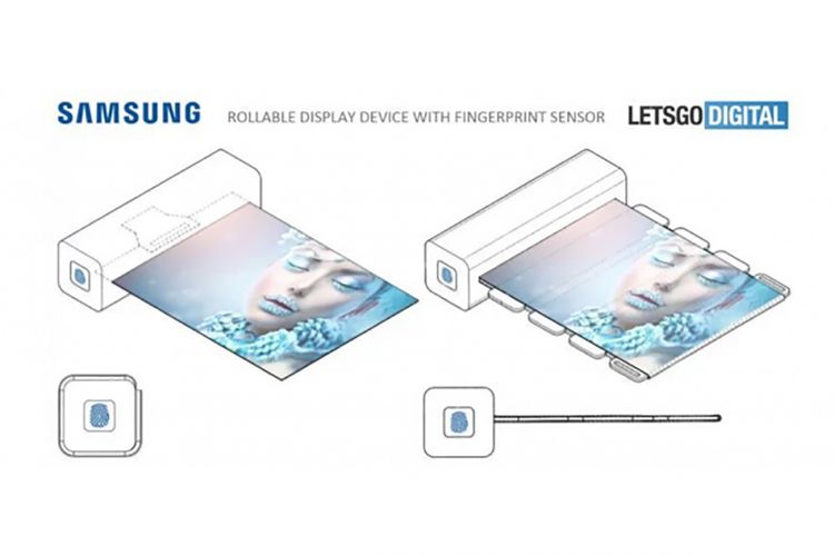 Ilustrasi perangkat tablet dengan layar gulung di dalam paten Samsung.