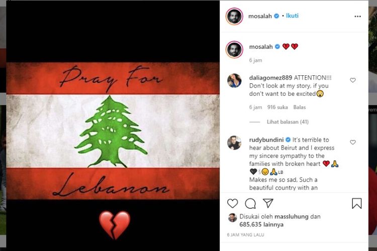 Mohamed Salah bersimpati atas peristiwa ledakan di Beirut Lebanon. 
