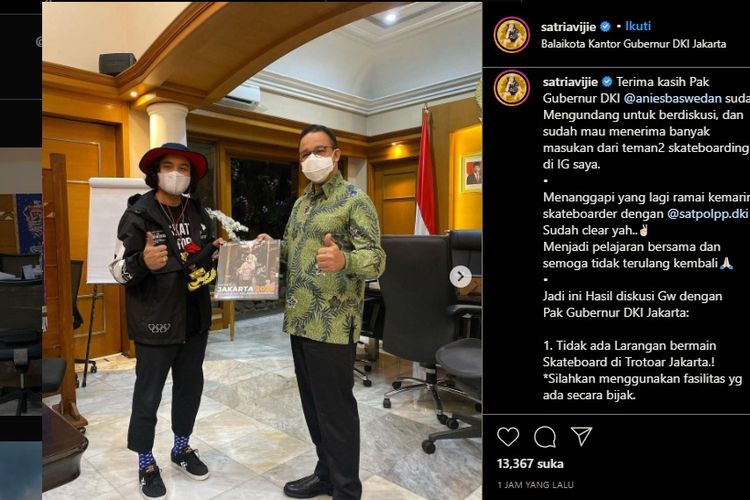 tangkapan layar Instagram Satria Vijie @satriavijie saat bertemu Gubernur DKI Jakarta Anies Baswedan, Kamis (4/3/2021)