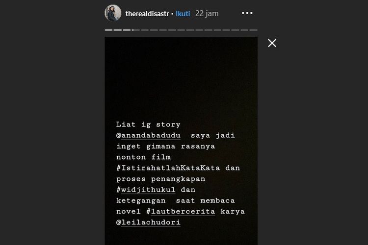 Instagram story artis Dian Sastro, Jumat (27/9/2019).