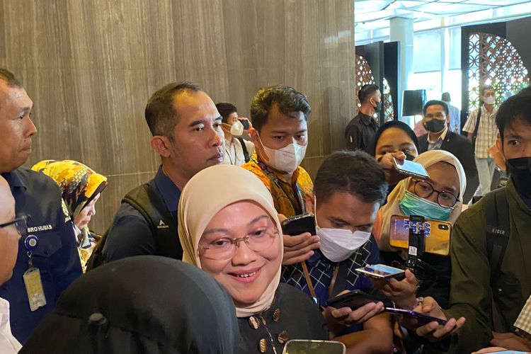 Menteri Ketenagakerjaan Ida Fauziyah di Hotel Pullman, Jakarta Pusat, Senin (15/5/2023). 