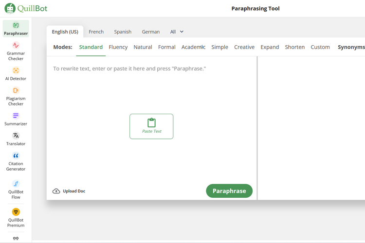 Fitur Quillbot untuk parafrase otomatis.