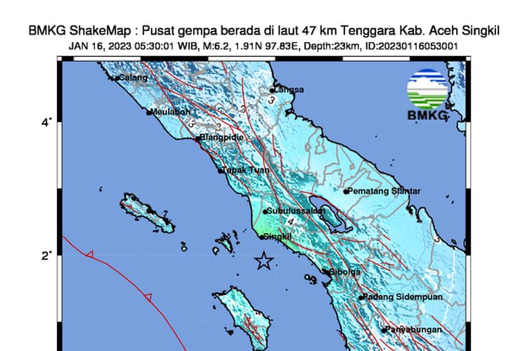 Gempa bumi berkekuatan M 6,2 mengguncang Kabupaten Aceh Singkil, Provinsi Aceh pada Senin (16/1/2023) pukul 05.30 WIB.