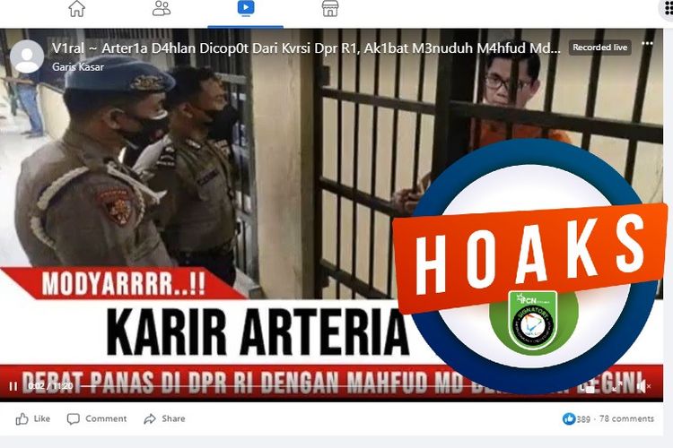 Tangkapan layar Facebook narasi yang menyebut bahwa Arteria Dahlan dicopot sebagai DPR