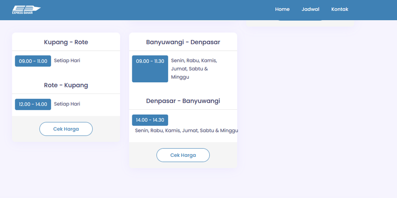 Tangkapan layar laman resmi Express Bahari, jadwal kapal cepat Banyuwangi-Bali, jadwal kapal cepat Bali-Banyuwangi.