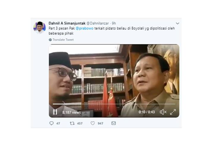 Prabowo Subianto mengklarifikasi pernyataannya yang menimbulkan polemik dan protes warga Boyolali. Hal ini disampaikan melalui video yang diunggah Dahnil Anzar Simanjuntak.