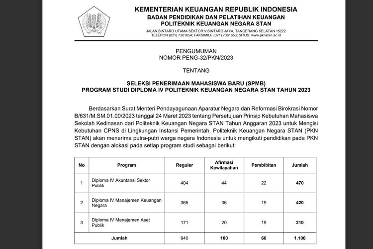 Tangkapan layar informasi terkait pembukaan pendaftaran STAN 2023.