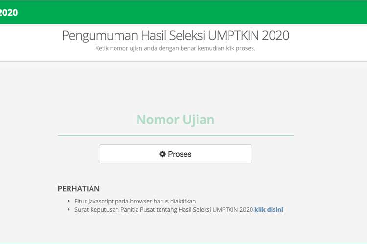 Pengumuman hasil seleksi UMPTKIN 2020