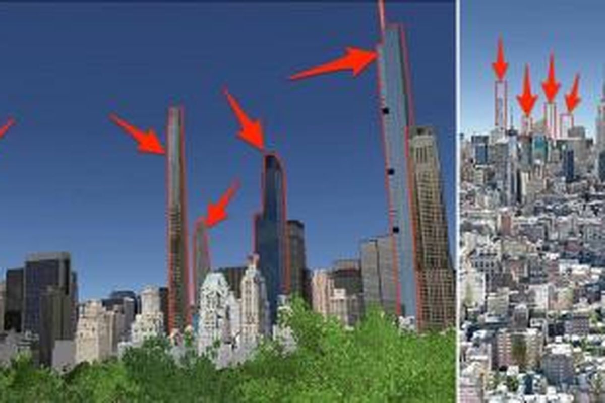 Tampilan Manhattan setelah gedung-gedung baru pencakar langit hadir di kota tersebut. Pada foto di kiri, gedung-gedung bergaris merah merupakan gedung baru. Dari kiri ke kanan, 432 Park Ave., 111 West 57th St., 53 53rd St., One57, dan Nordstrom Tower. Gambar ini hasil rekayasa YIMBY atas citra dari Google Earth.