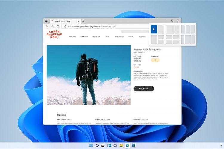 Jendela tugas yang sudutnya sedikit lebih membulat, tidak lagi tajam seperti di versi Windows sebelumnya.