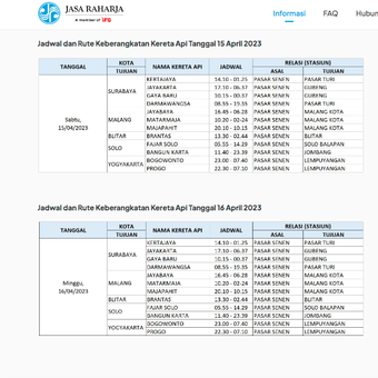 Tangkapan layar jadwal dan rute keberangkatan kereta api mudik gratis BUMN 2023.