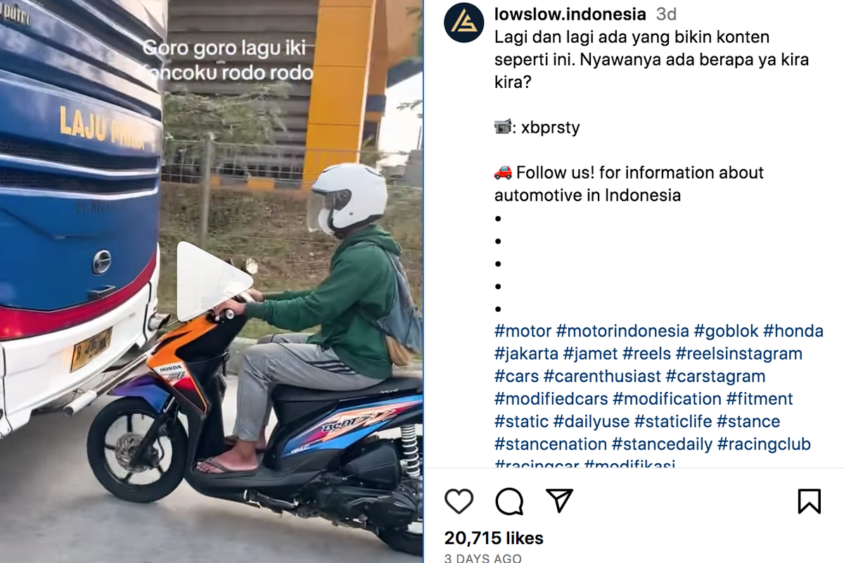 Viral di media sosial aksi nekat pengendara motor yang membuti bus dalam jarak yang dekat. 