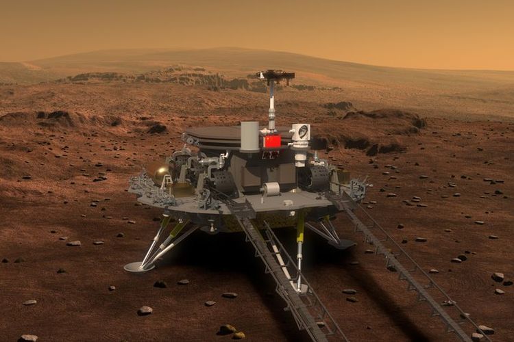 Ilustrasi artistik wantariksa pendarat Tianwen ? 1 saat telah tiba dengan selamat di kawasan Utopia Planitia di Mars dan siap menurunkan rovernya. 