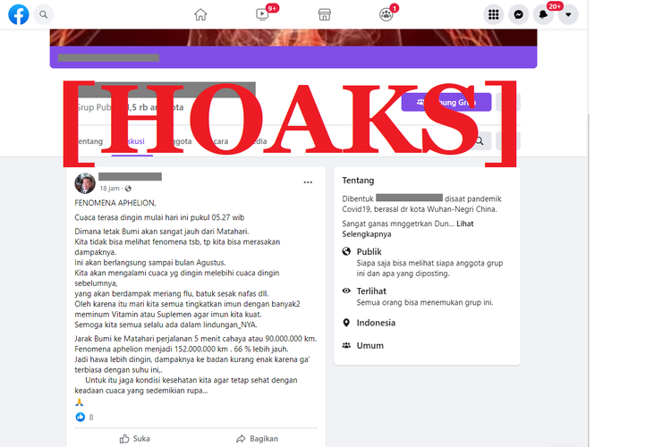 Tangkapan layar unggahan hoaks di sebuah akun Facebook, yang menyebut cuaca dingin di awal 2022 akibat fenomena aphelion.
