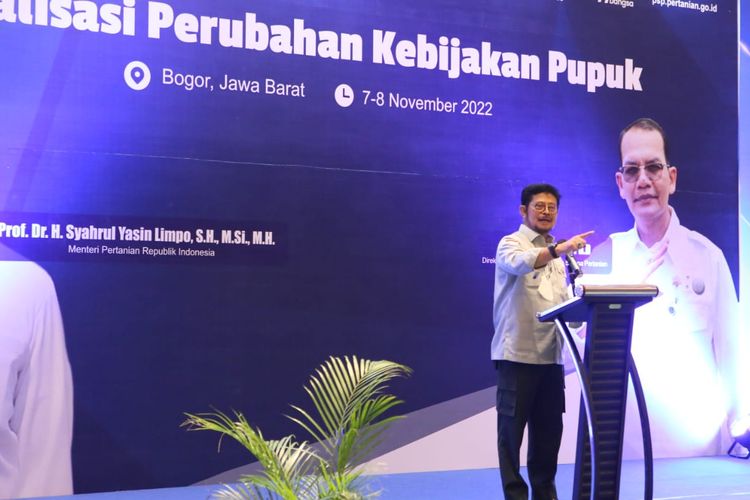 Menteri Pertanian (Mentan) Syahrul Yasin Limpo (SYL) dalam Rapat Koordinasi Perubahan Kebijakan Pupuk Bersubsidi Tahun 2022 di Bogor, Senin (7/11/2022).