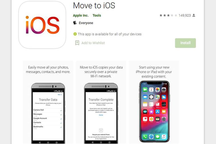 Tampilan laman aplikasi Move to iOS di toko Google Play Store