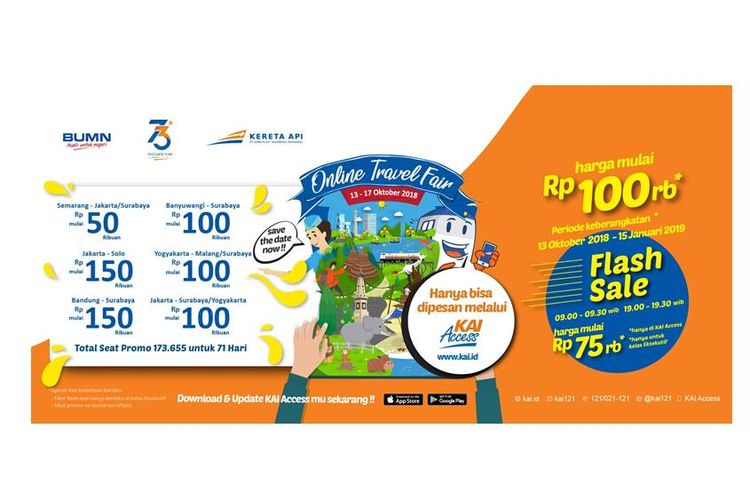 PT KAI enyelenggarakan promo tiket murah bertema KAI Online Travel Fair dan Flash Sale yang bisa dipesan melalui website kai.id dan aplikasi KAI Access.