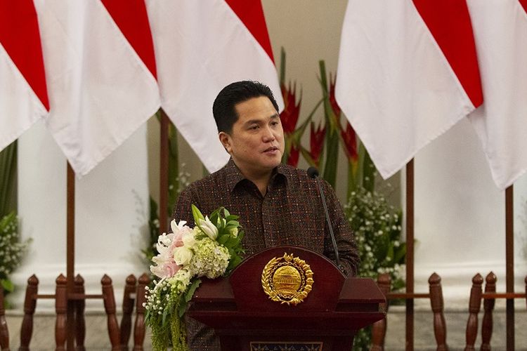 A file photo of State-Owned Enterprises Minister Erick Thohir who is also the chief executive of the newly established Covid-19 Handling and National Economic Recovery Committee delivering his speech at an event dated July 17, 2020. 