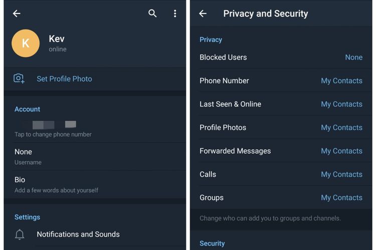 Pengaturan privasi pada aplikasi pesan instan Telegram