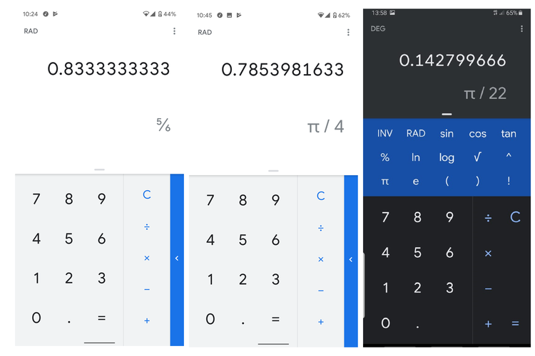 Tangkapan layar Google Calculator yang menampilkan hasil hitungan pecahan