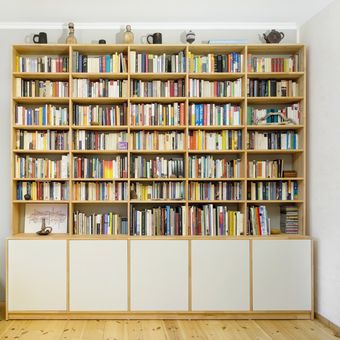 Ilustrasi rak buku di rumah.